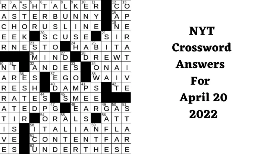 NYT Crossword Answers for April 20 2022, Find Out The Answers To The Full Crossword Puzzle, April 2022